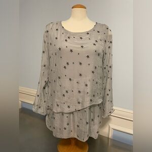 Viola Borghi - Silk Gray Star Patterned Flowy Sheer Blouse Tunic